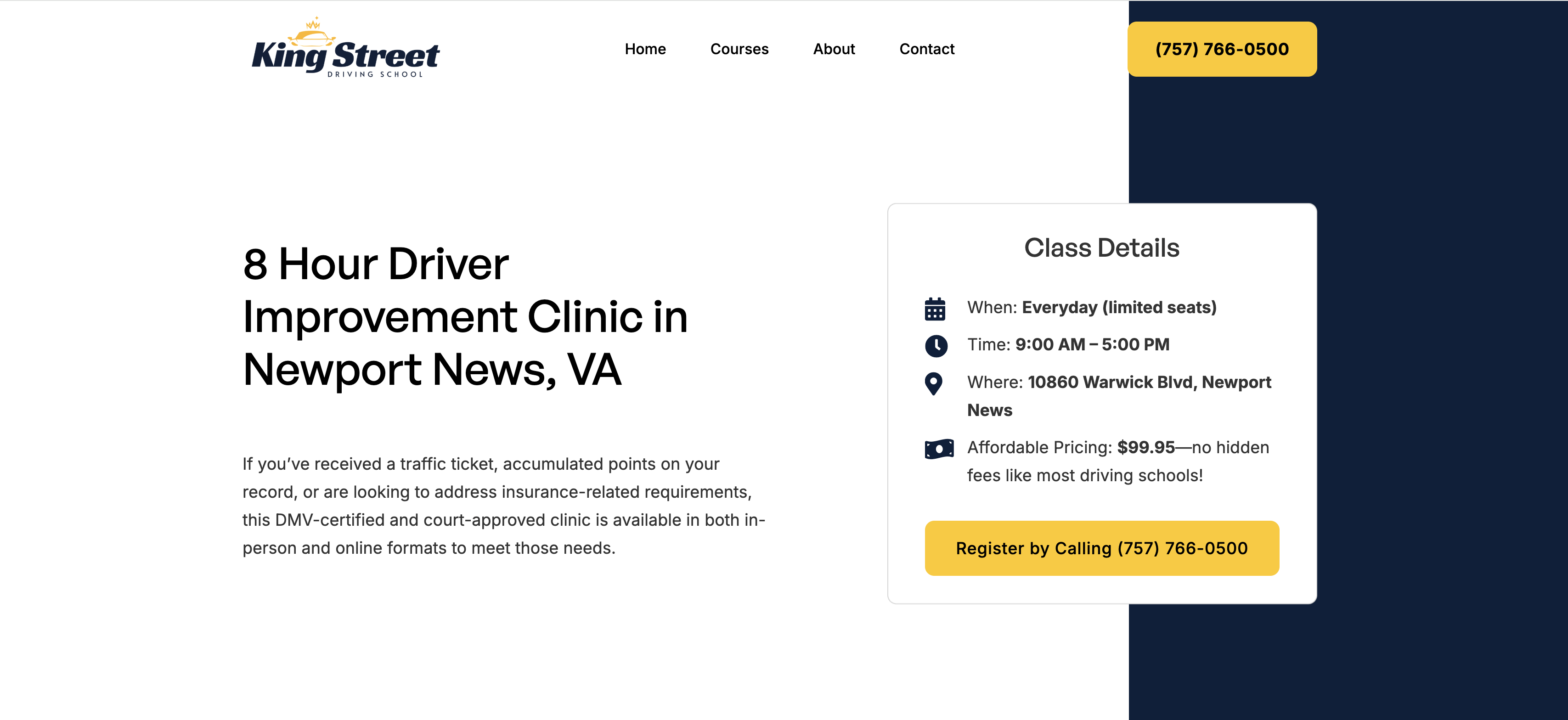 King Street 8 Hour Driver Improvement Clinic in Newport News page with class details card